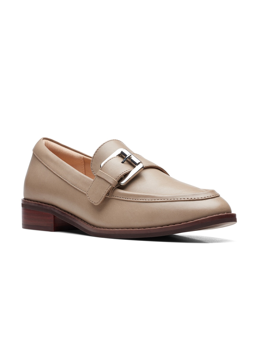 

Clarks Women Buckle Embellished Heeled Leather Loafers, Brown