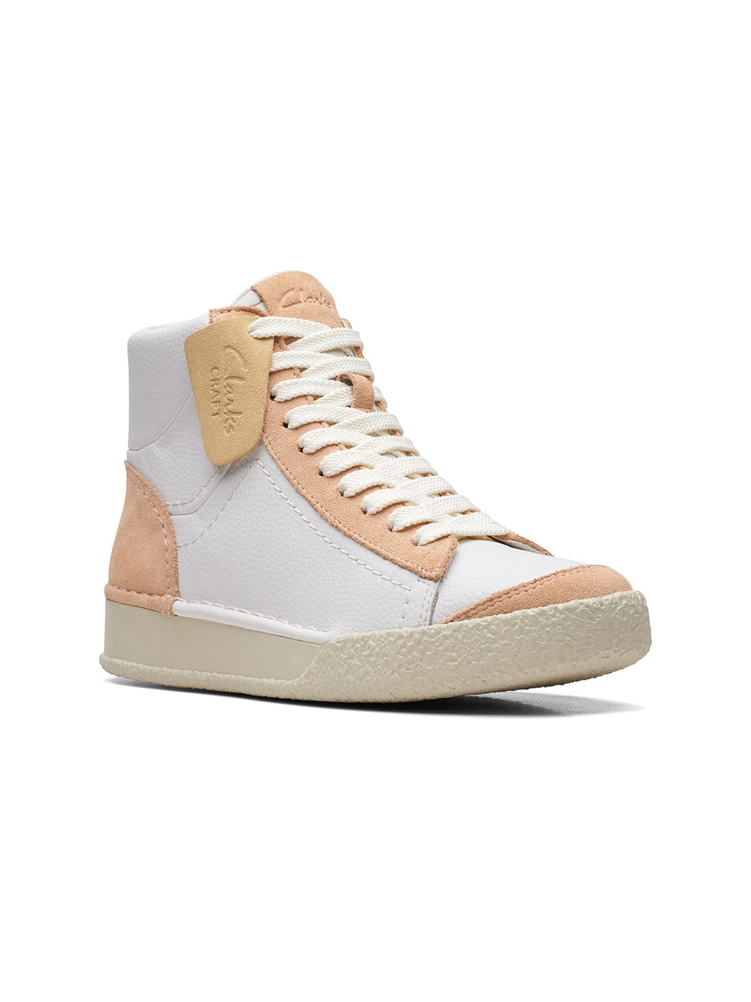 

Clarks Women CraftCup Rise Colourblocked Leather Mid Top Sneakers, Peach