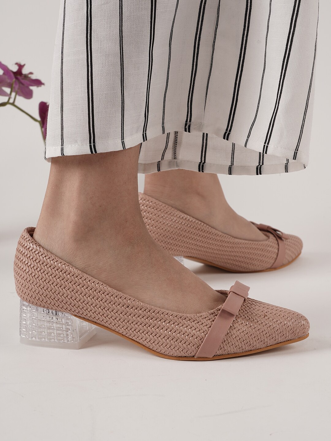 

DressBerry Woven Design Pointed Toe Block Heel Pumps, Nude