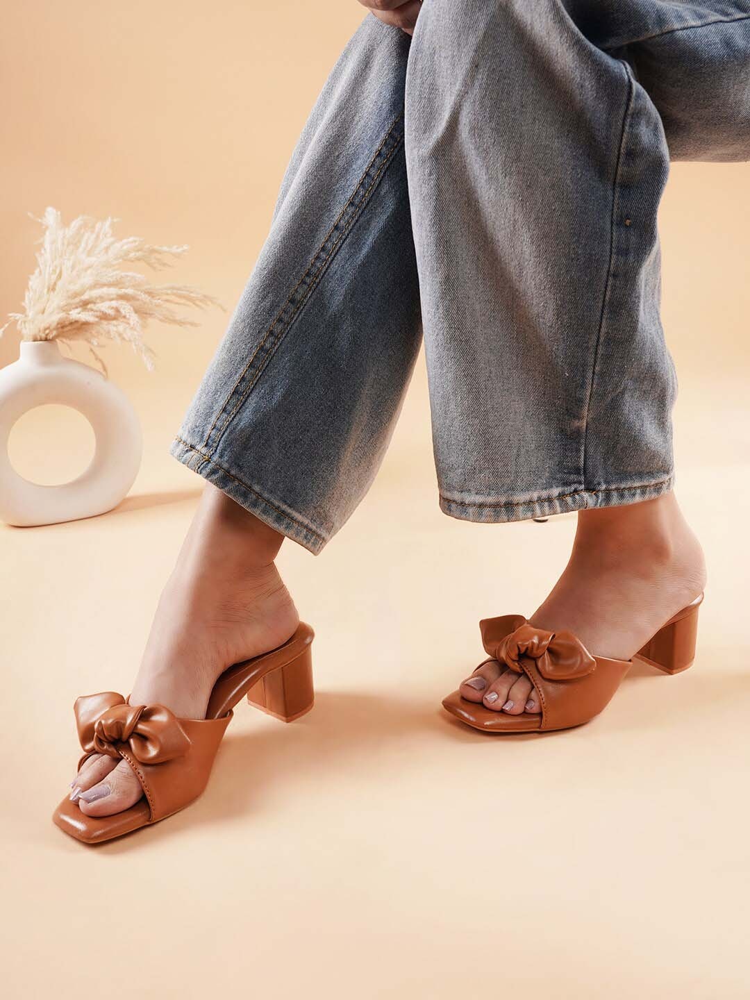 

DressBerry Open Toe Block Heels With Bows, Tan