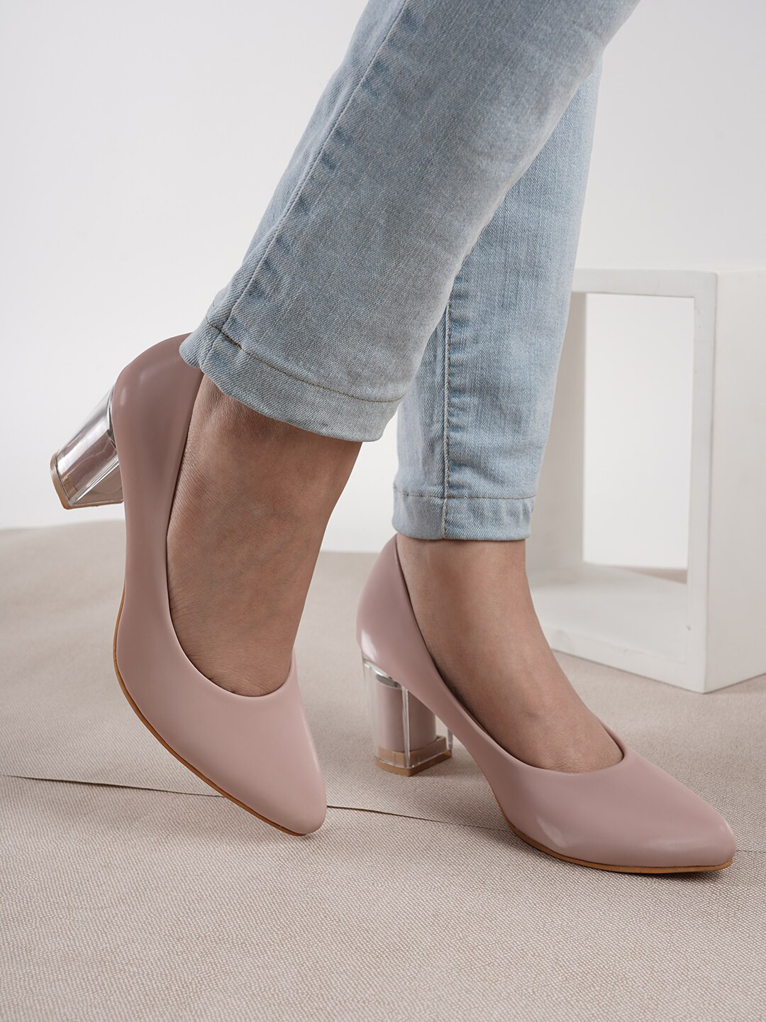 

DressBerry Pointed Toe Block Heel Pumps, Pink