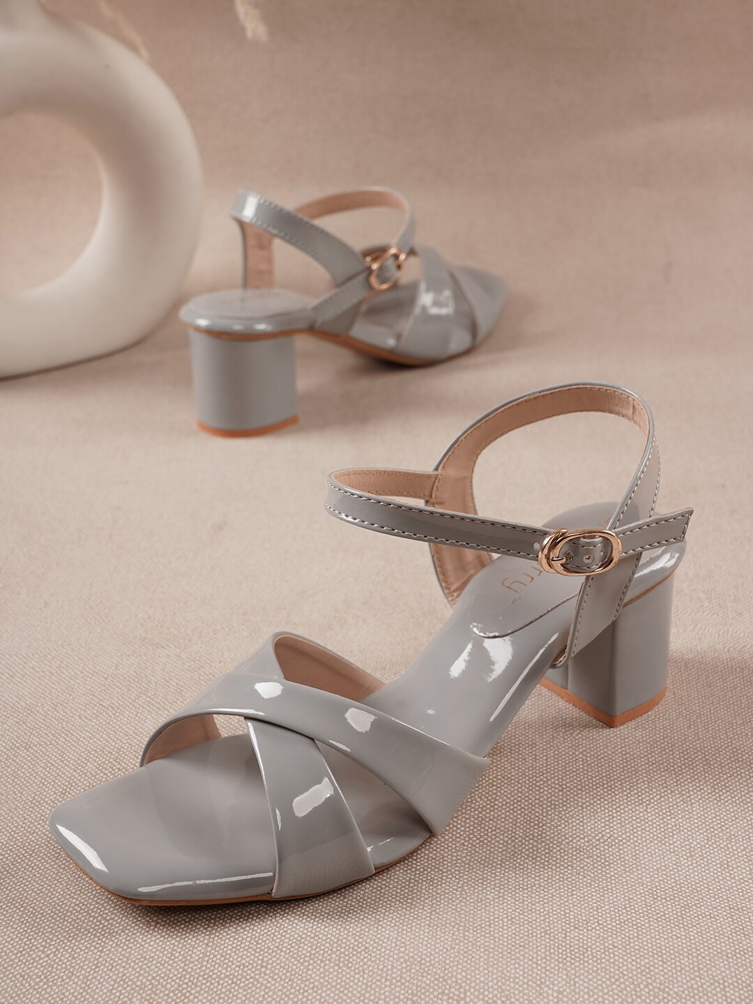

DressBerry Open Toe Block Heels With Buckles, Grey