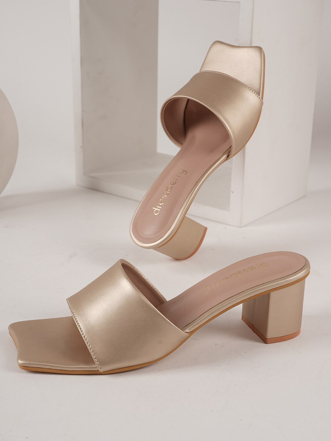 

DressBerry Open Toe Block Heels, Gold