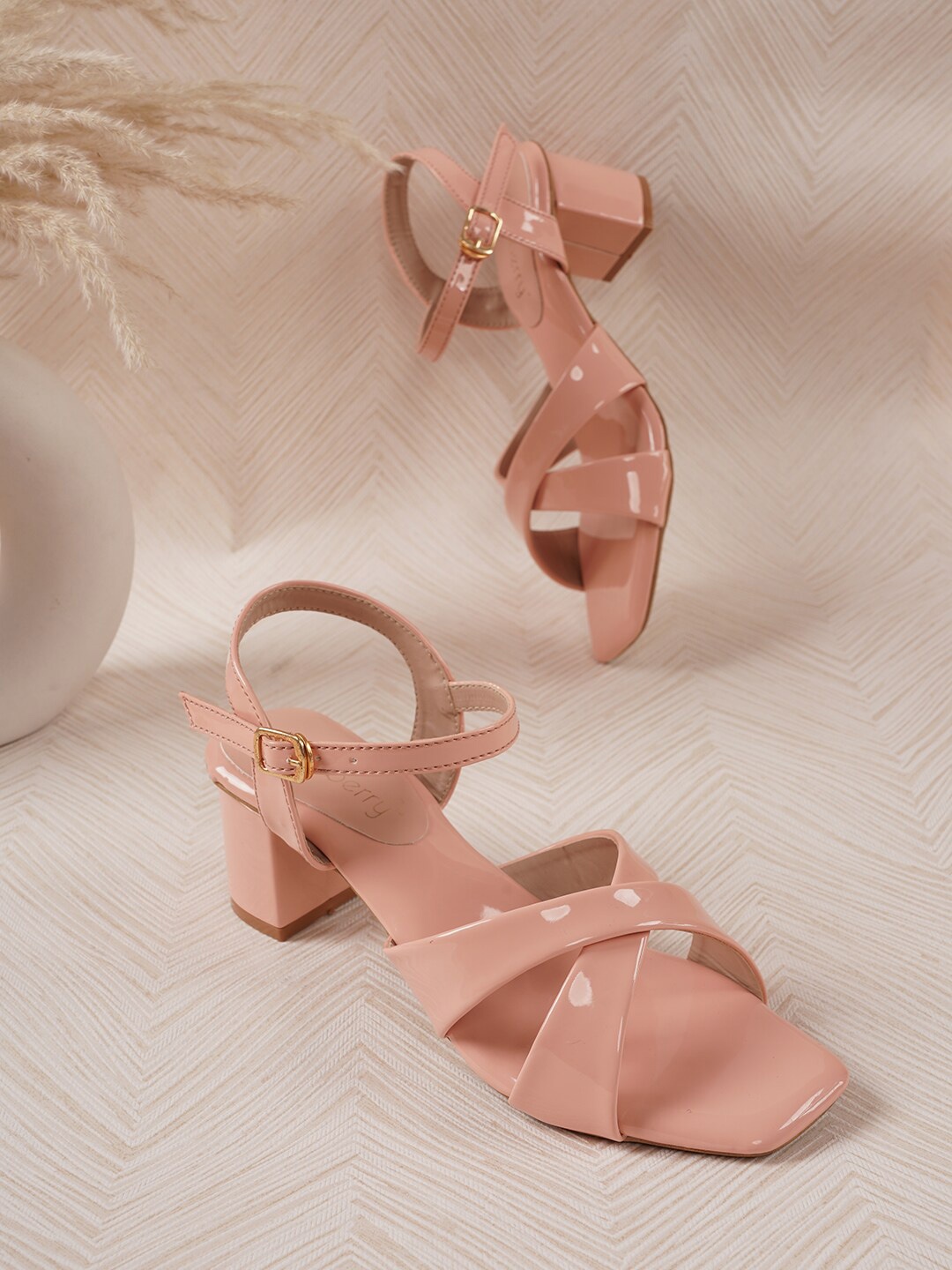 

DressBerry Open Toe Block Heels With Buckles, Peach