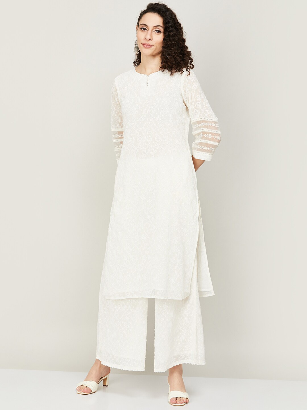 

Melange by Lifestyle Women Ethnic Motifs Embroidered Kurta with Palazzos, White