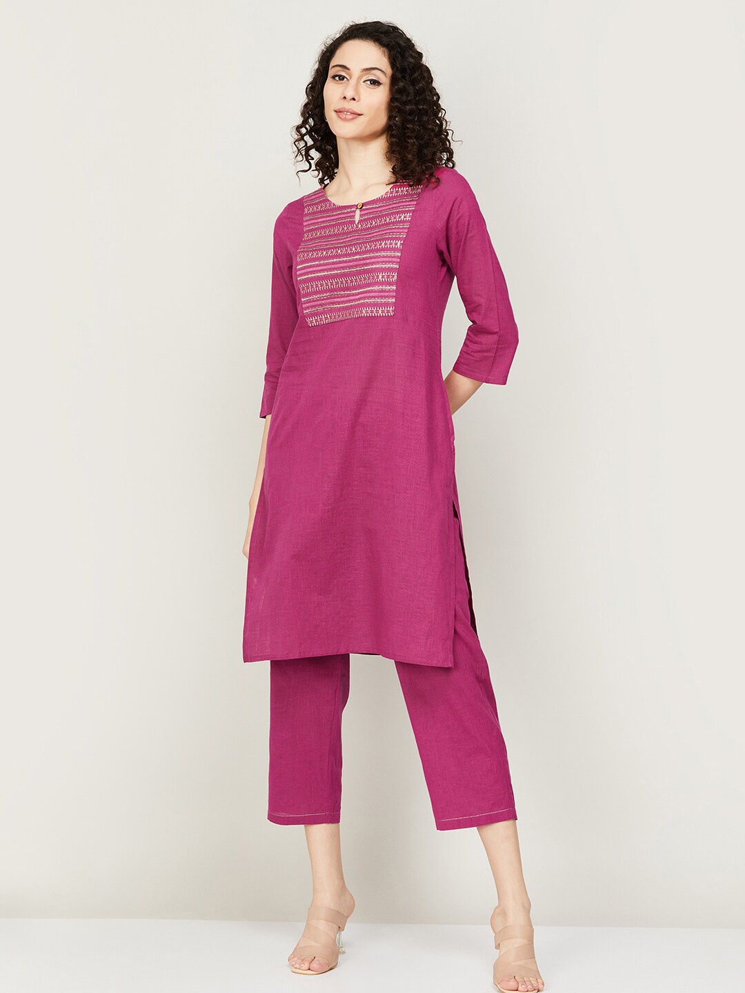 

Melange by Lifestyle Women Embroidered Pure Cotton Kurta with Palazzos, Pink