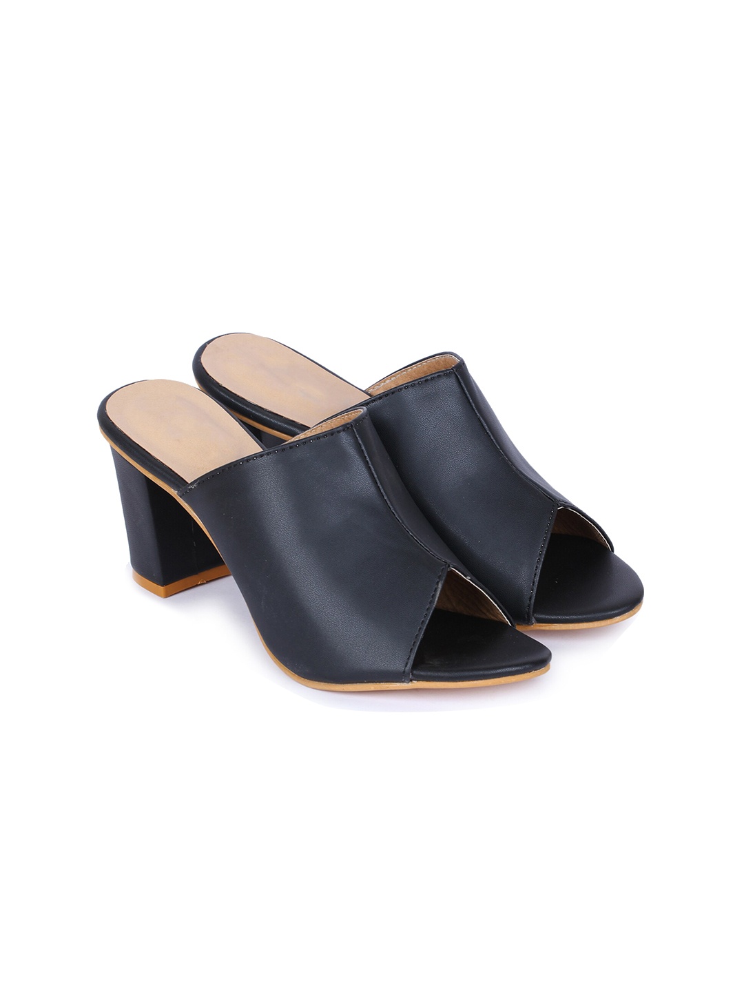 

Luv Byt Peep Toes Block Heel Mules, Black