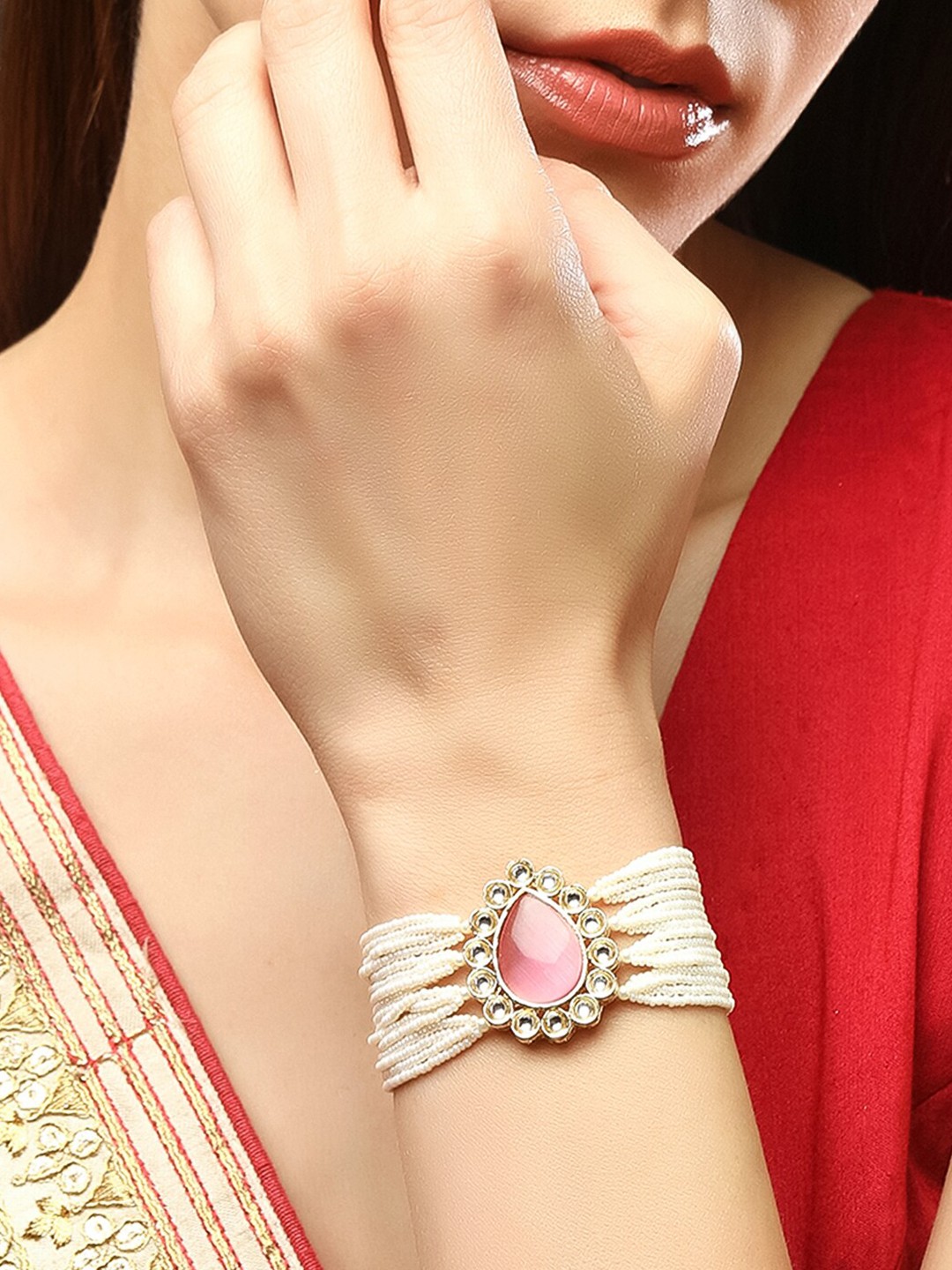 

Rubans Gold-Plated Pink Kundan Studded Pearl Beaded Brass Multistrand Bracelet