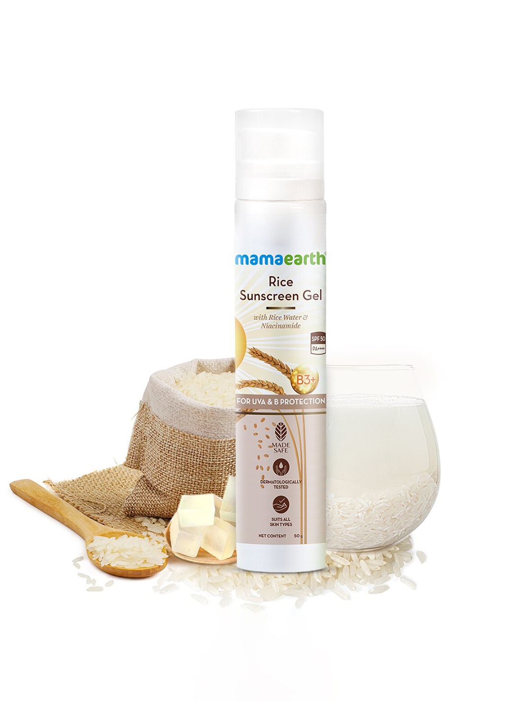 

Mamaearth Lightweight Rice Sunscreen Gel SPF50 PA+++ with Rice Water & Niacinamide - 50g, White