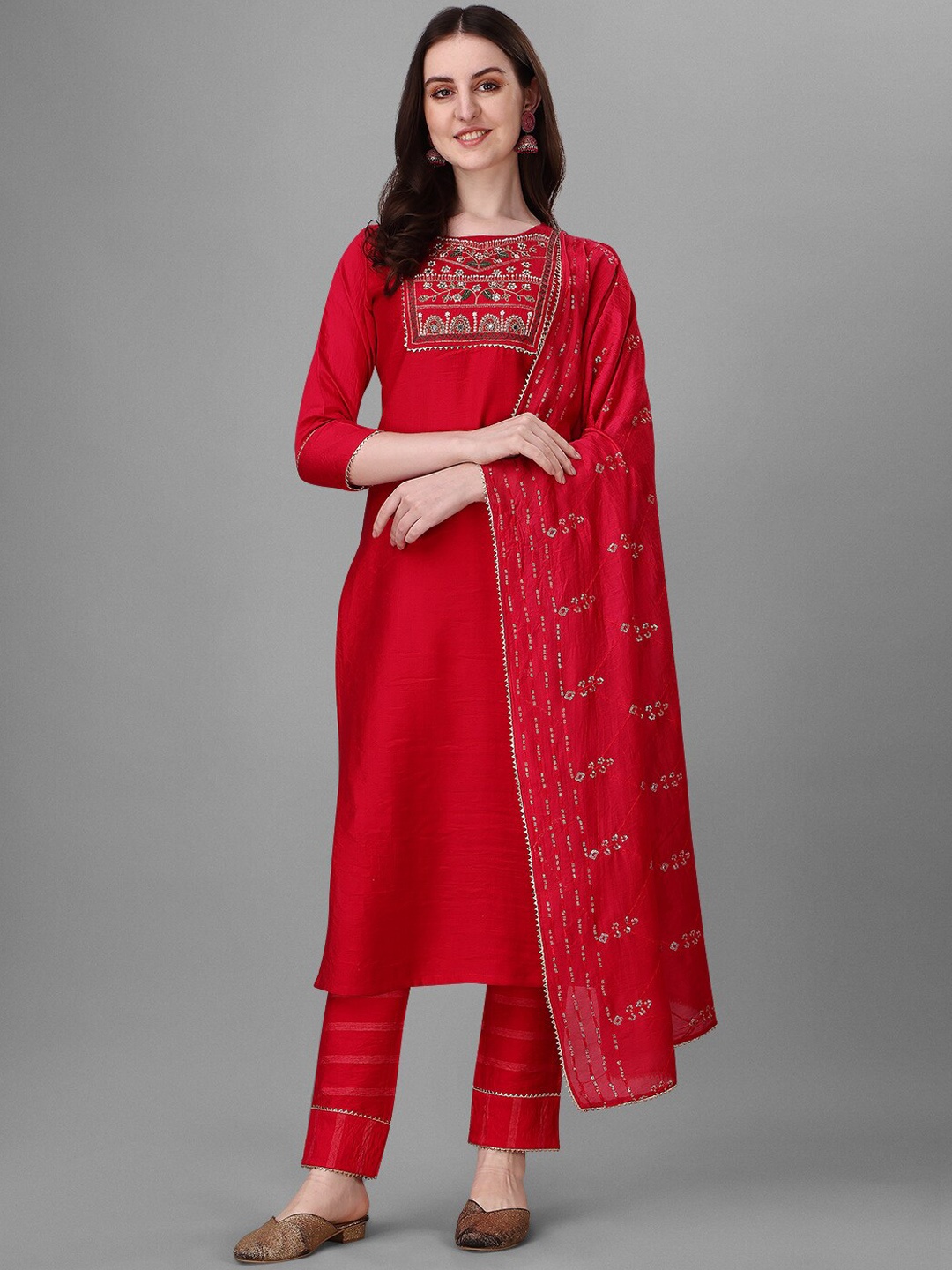 

Kinjo Gotta Patti Chanderi Cotton Kurta with Trousers & Dupatta, Red