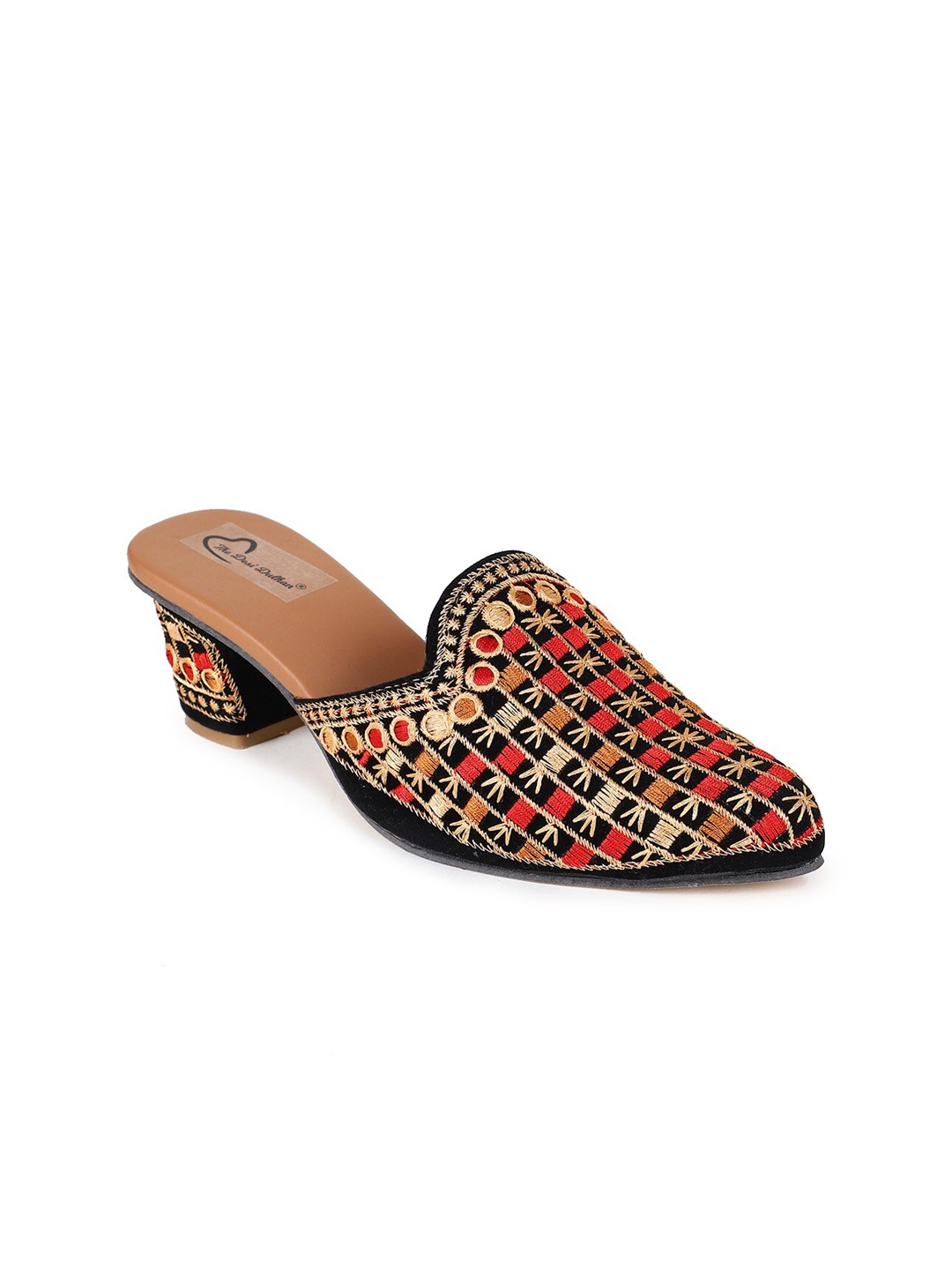 

The Desi Dulhan Pointed Toe Embellished Ethnic Block Mules, Black