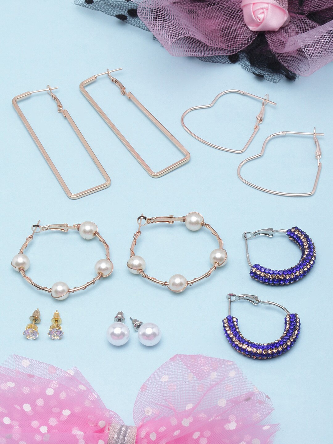 

DIVA WALK Set Of 6 Gold-Plated Geometric Studs & Hoop Earrings, White
