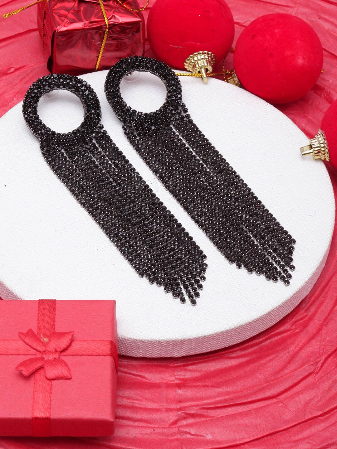 

DIVA WALK Contemporary Rhinestone Studded Tasseled Drop Earrings, Black