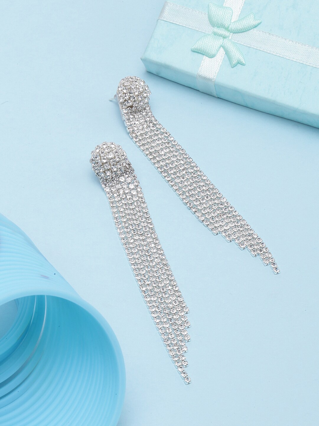 

DIVA WALK Silver-Plated Rhinestone Studded Tasselled Contemporary Drop Earrings, White