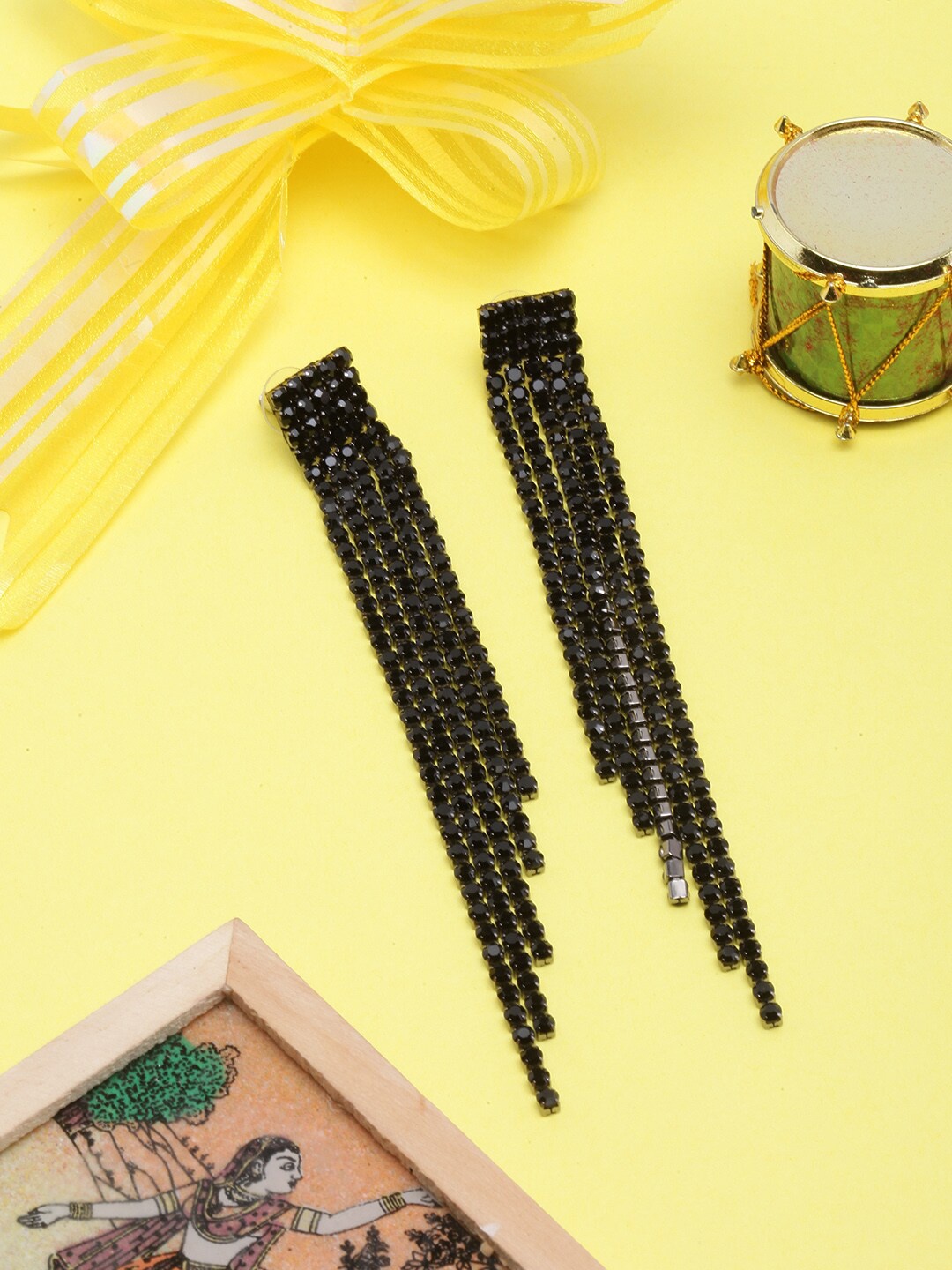 

DIVA WALK Silver-Plated Rhinestone Studded Tasselled Contemporary Drop Earrings, Black