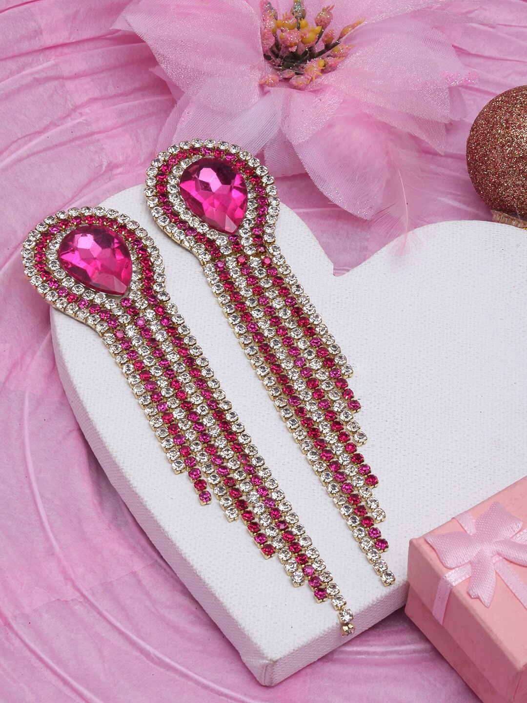 

DIVA WALK Gold-Plated Contemporary Rhinestone Studded Drop Earrings, Pink