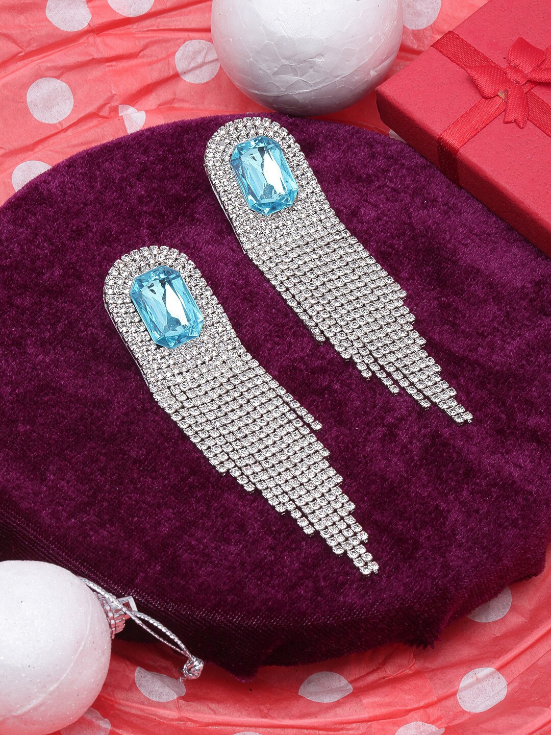 

DIVA WALK Silver-Plated Contemporary Rhinestone Studded Drop Earrings, Blue