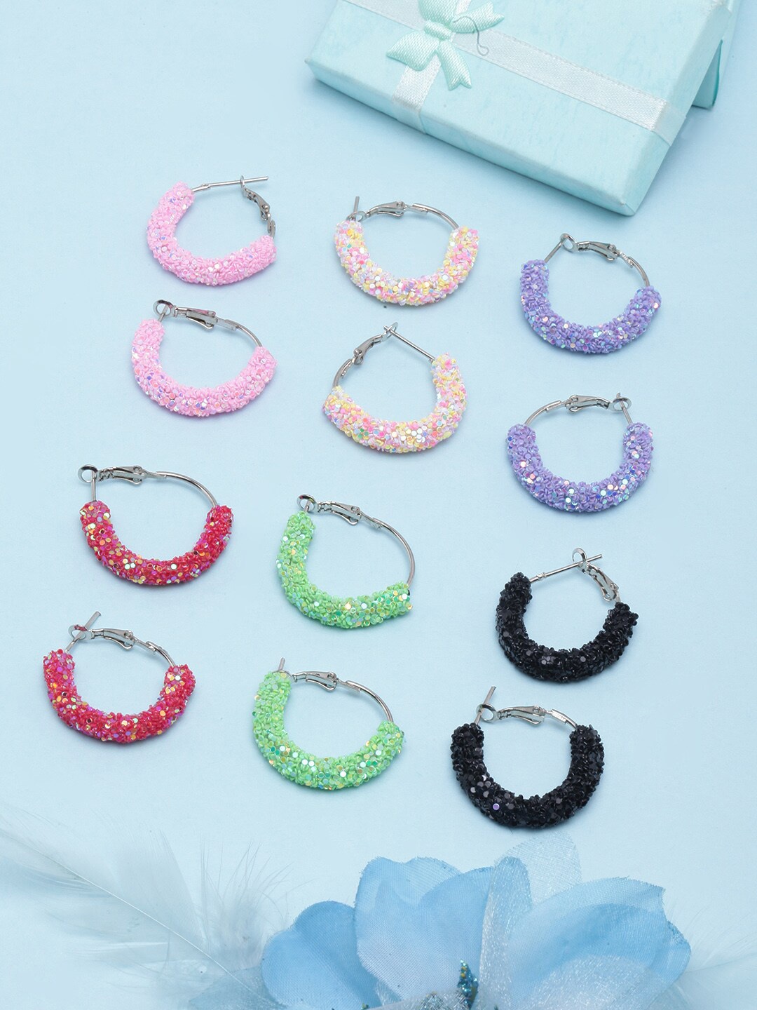 

DIVA WALK Set Of 6 Silver-Plated Circular Hoop Earrings, Pink