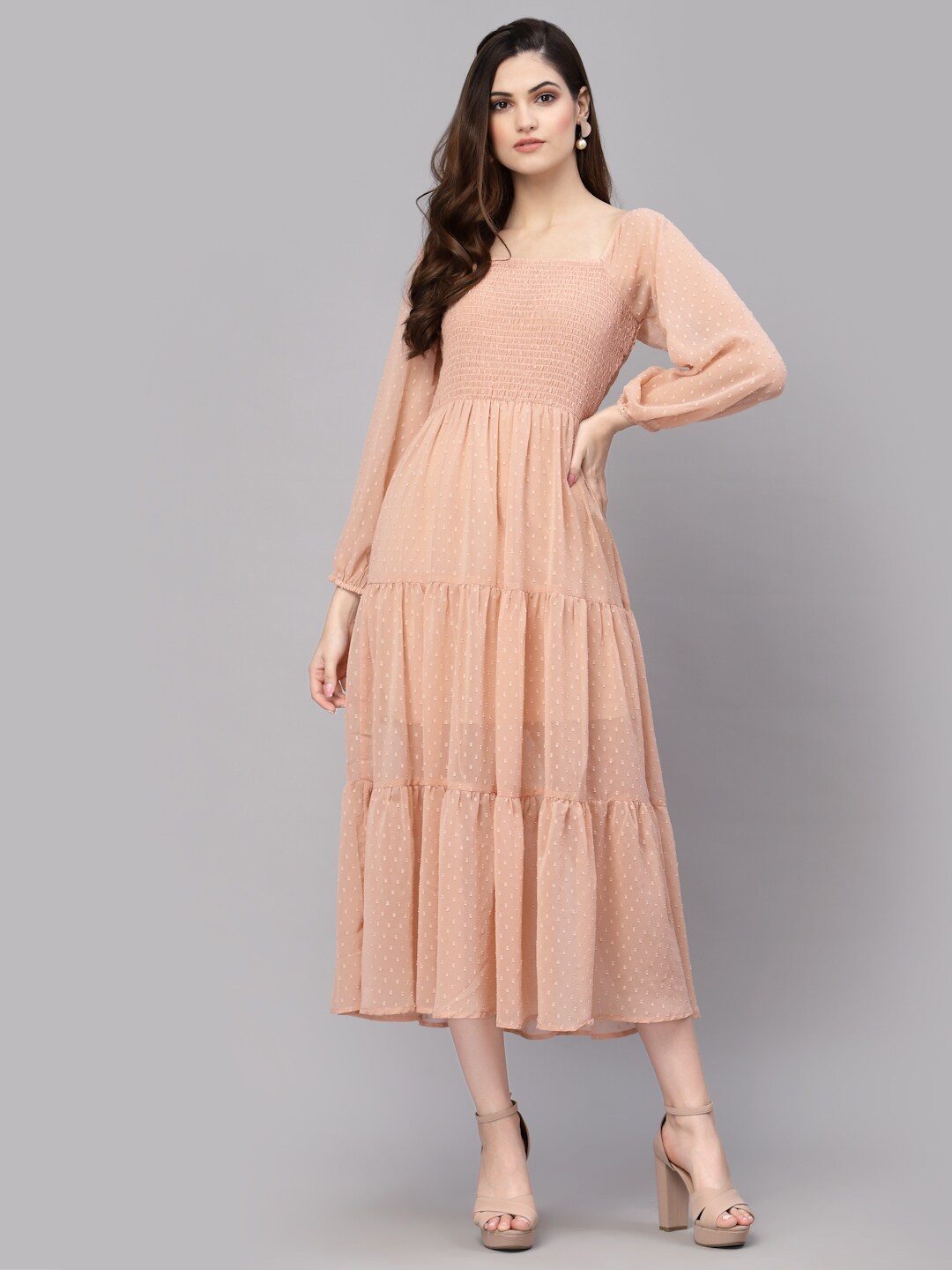 

aayu Puff Sleeves Smocked Georgette Tiered Midi A-Line Dress, Peach