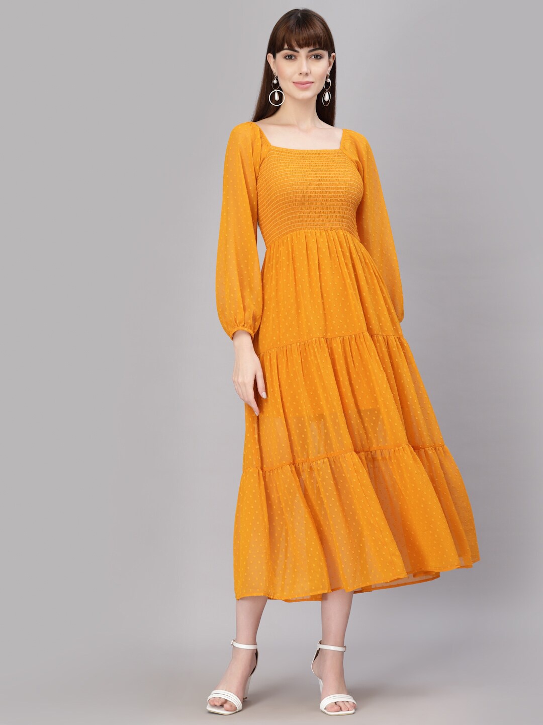 

aayu Puff Sleeves Smocked Georgette Tiered Midi A-Line Dress, Mustard