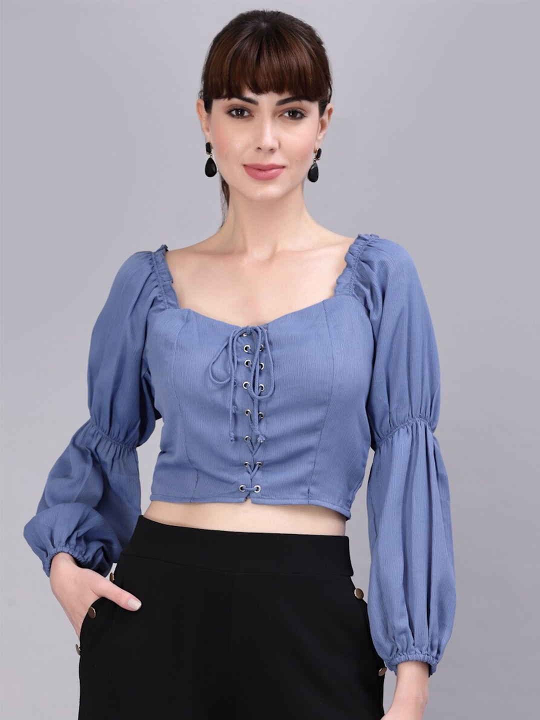 

aayu Tie-Up Neck Puff Sleeves Crop Top, Blue