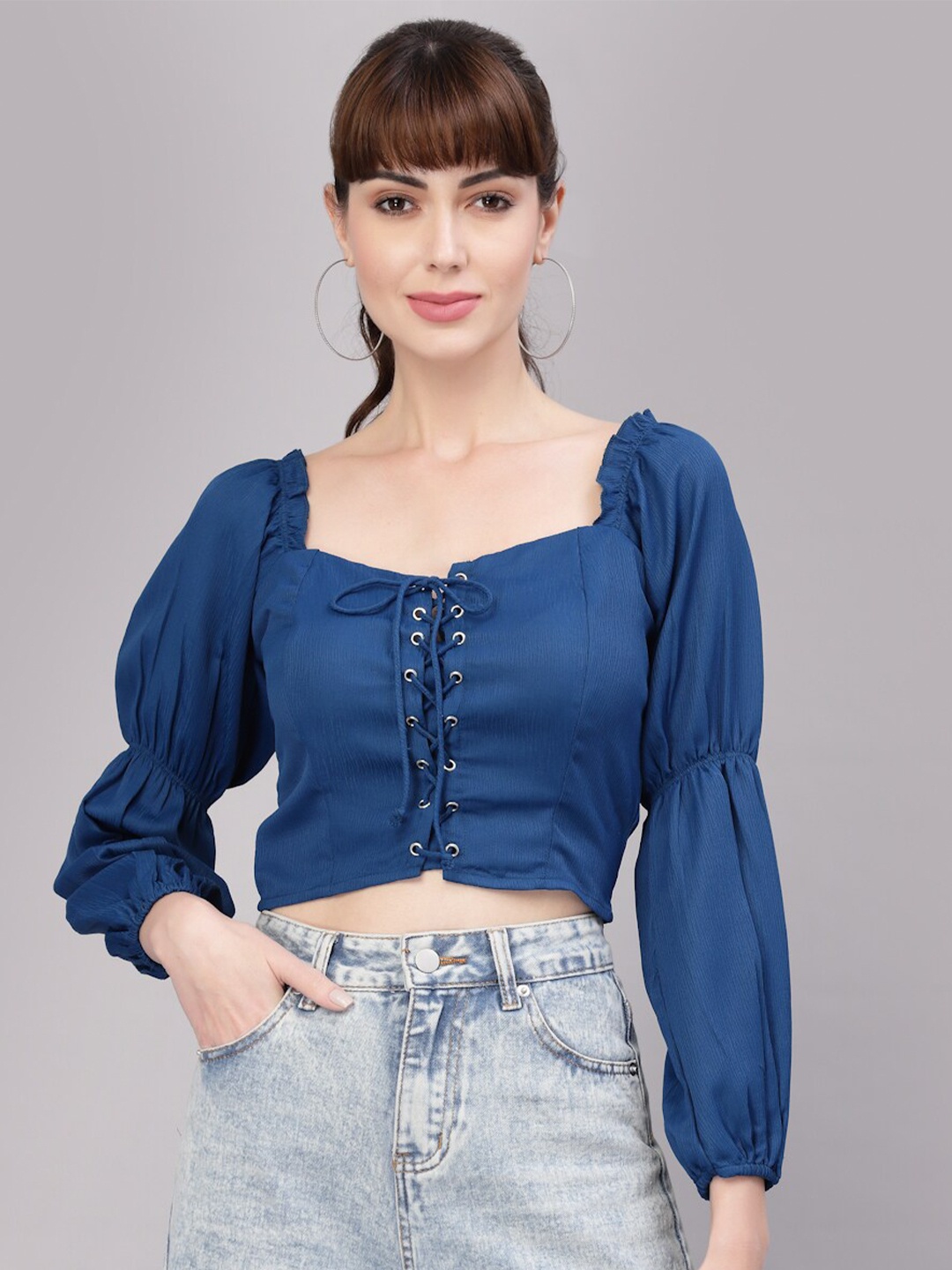 

aayu Tie-Up Neck Puff Sleeves Crop Top, Blue