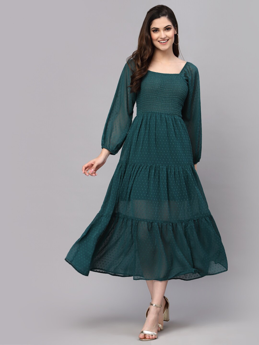 

aayu Puff Sleeves Smocked Georgette Tiered Midi A-Line Dress, Green