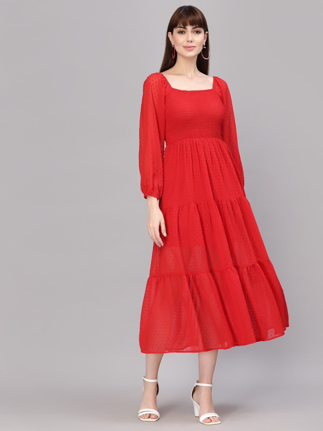 

aayu Puff Sleeves Smocked Georgette Tiered Midi A-Line Dress, Red