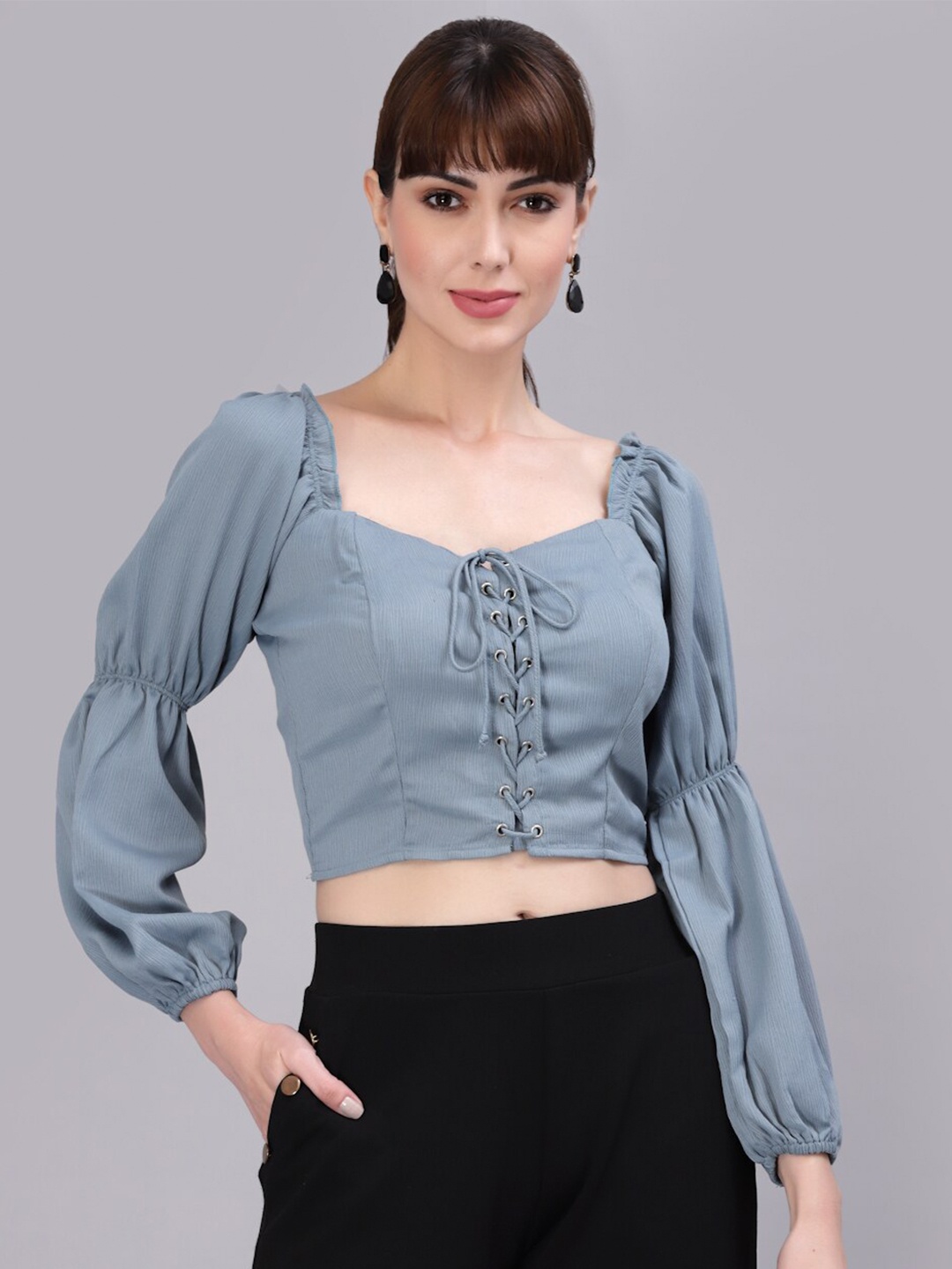 

aayu Sweetheart Neck Tie-Up Crop Top, Grey