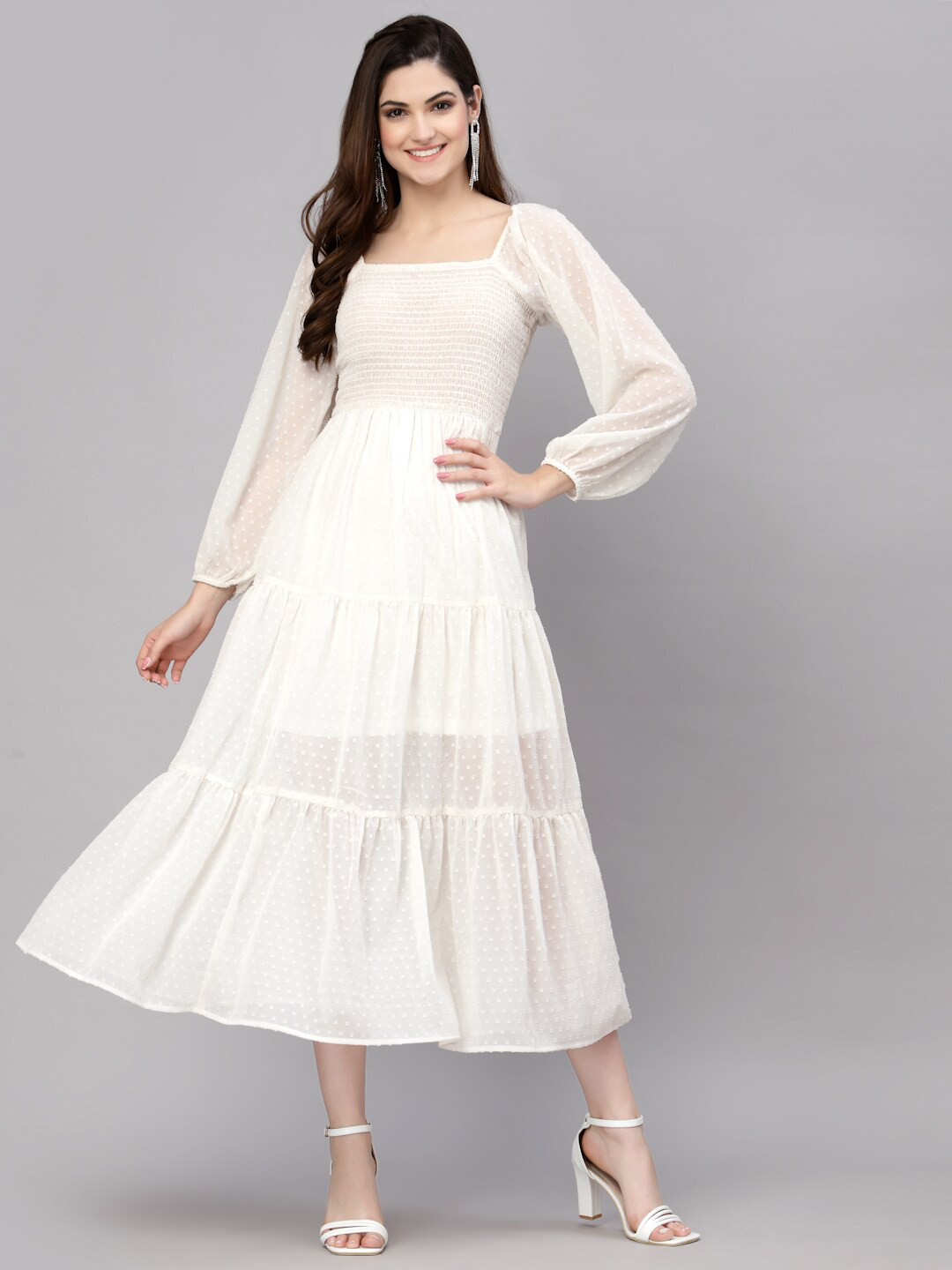 

aayu Self design Tiered Georgette A-Line Midi Dress, White