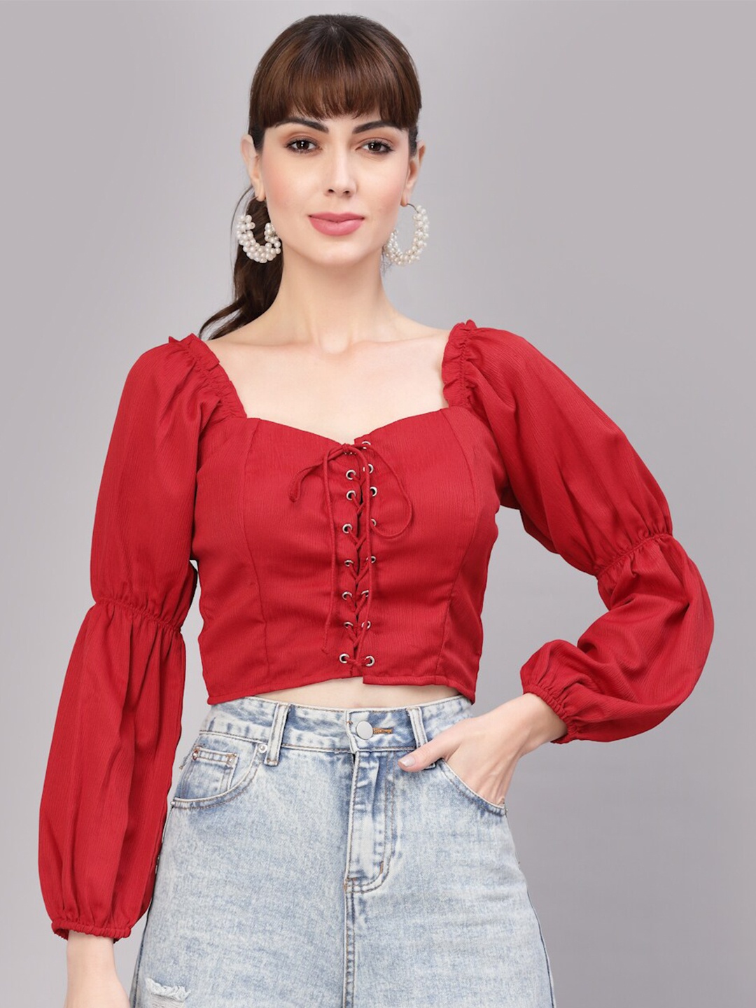 

aayu Sweetheart Neck Puff Neck Lace Up Fitted Crop Top, Red