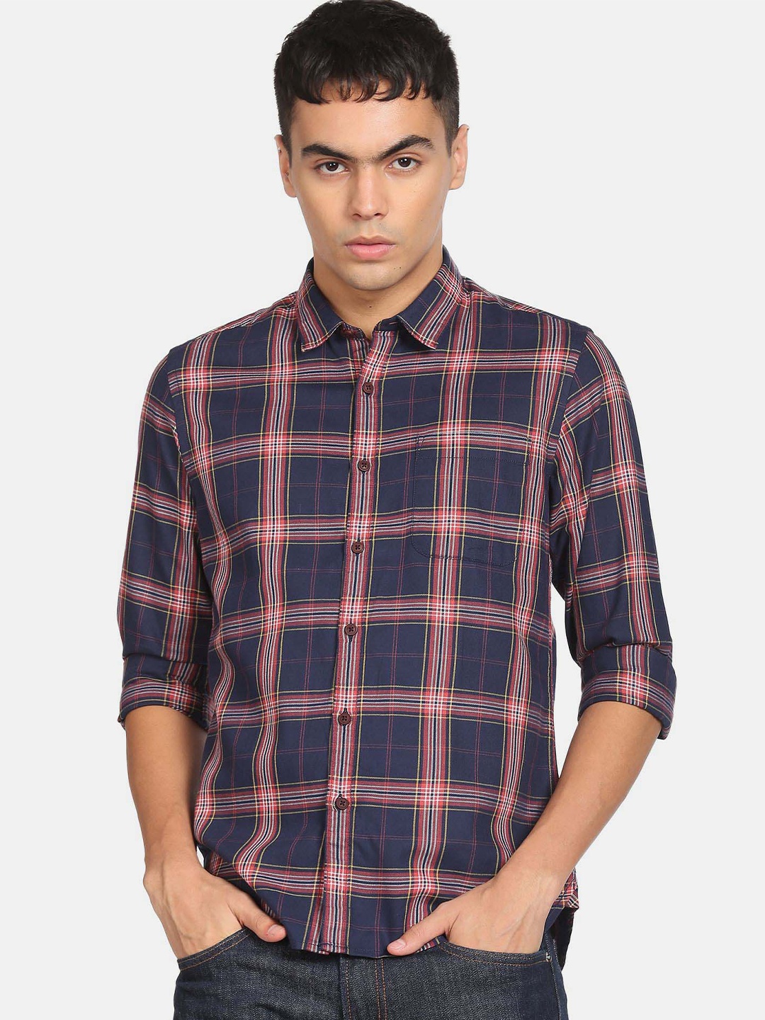 

Flying Machine Tartan Checked Slim Fit Casual Pure Cotton Shirt, Navy blue