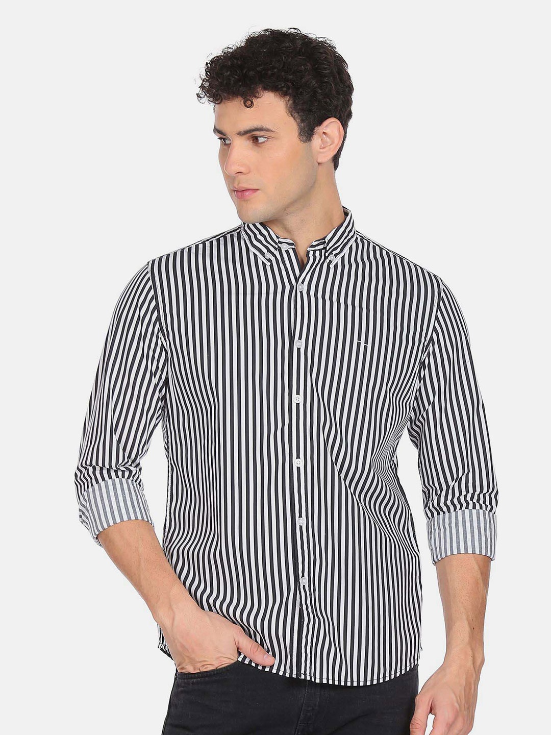 

Flying Machine Striped Button-Down Collar Casual Pure Cotton Shirt, Black