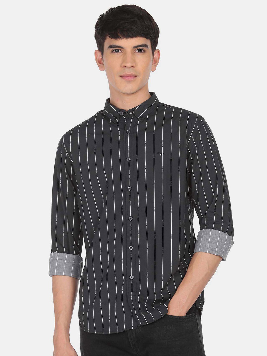 

Flying Machine Striped Button-Down Collar Casual Pure Cotton Shirt, Black