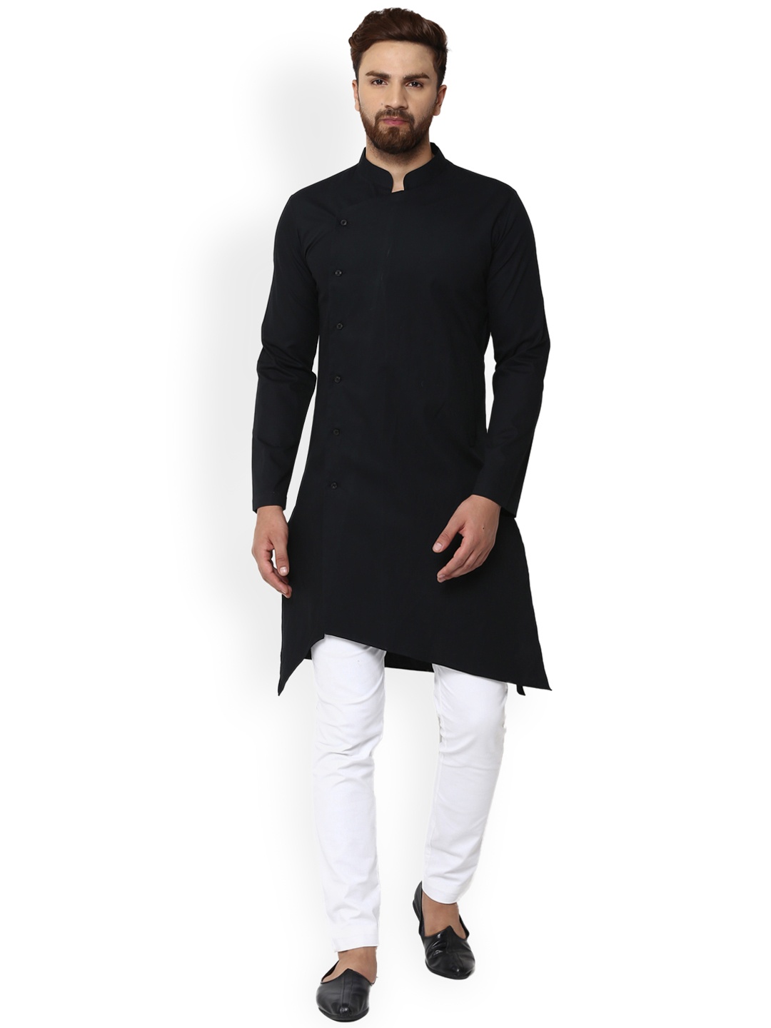 

See Designs Men Black Solid Asymmetrical Hem Straight Kurta