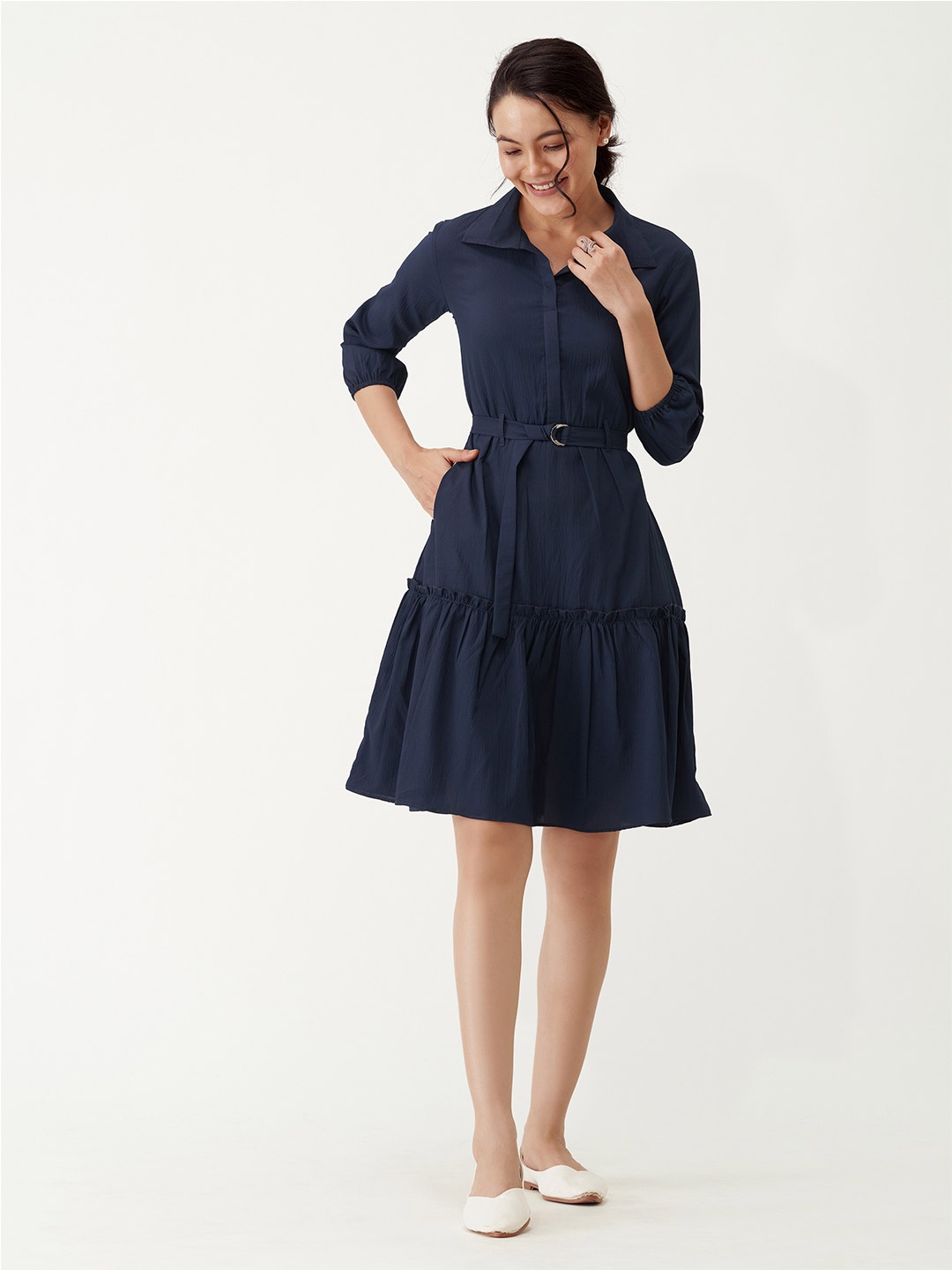 

AASK Puff Sleeves Crepe Peplum Dress, Navy blue