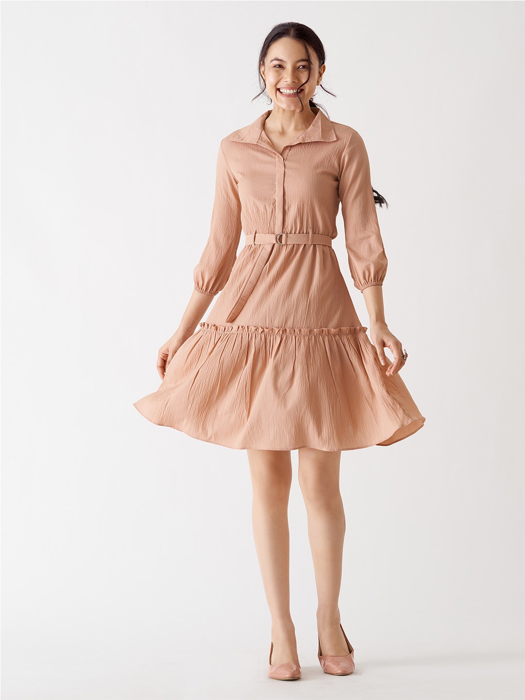 

AASK Shirt Collar Crepe Peplum Dress With Belt, Cream