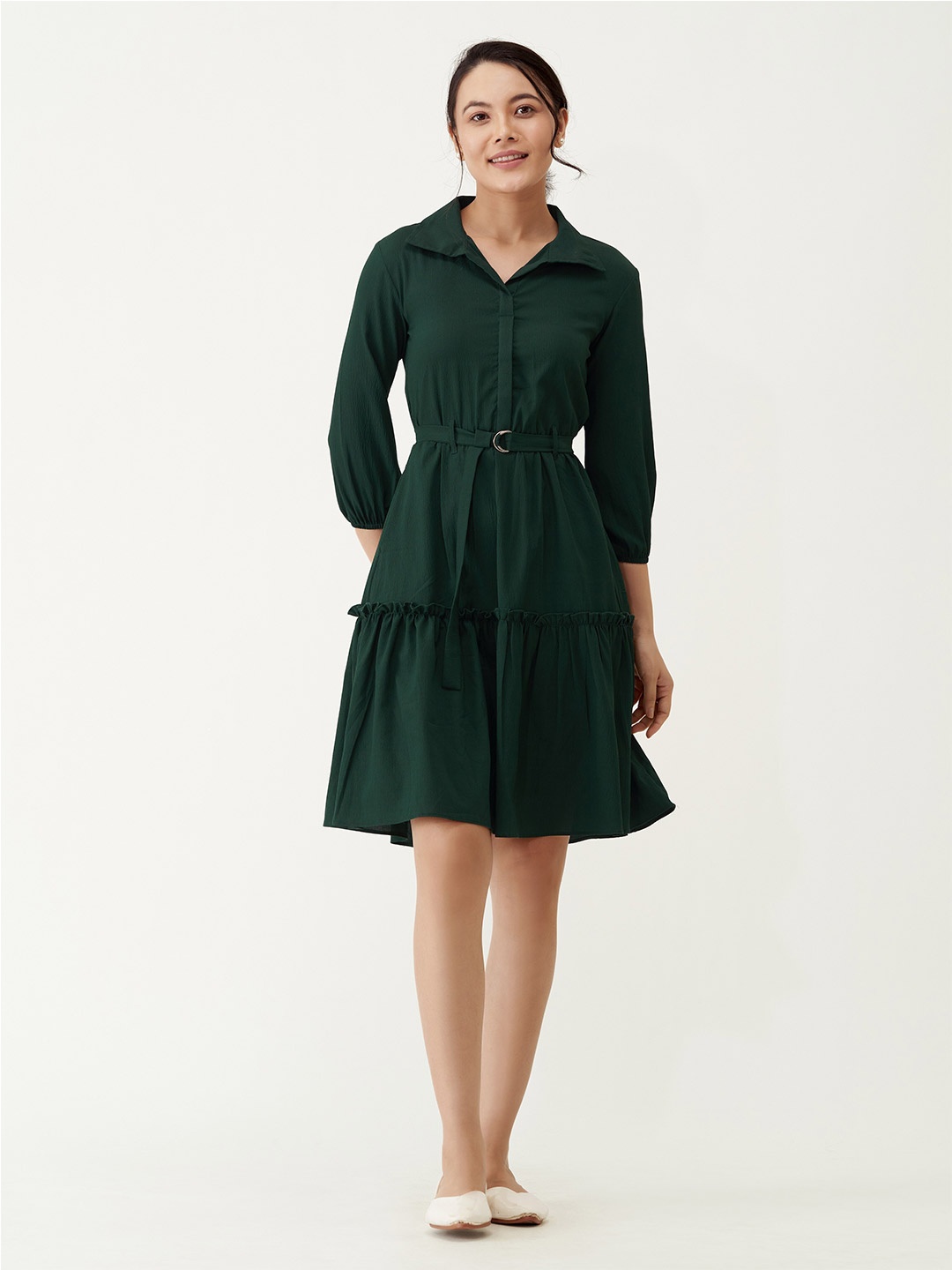 

AASK Shirt Collar Crepe Shirt Dress With Belt, Green