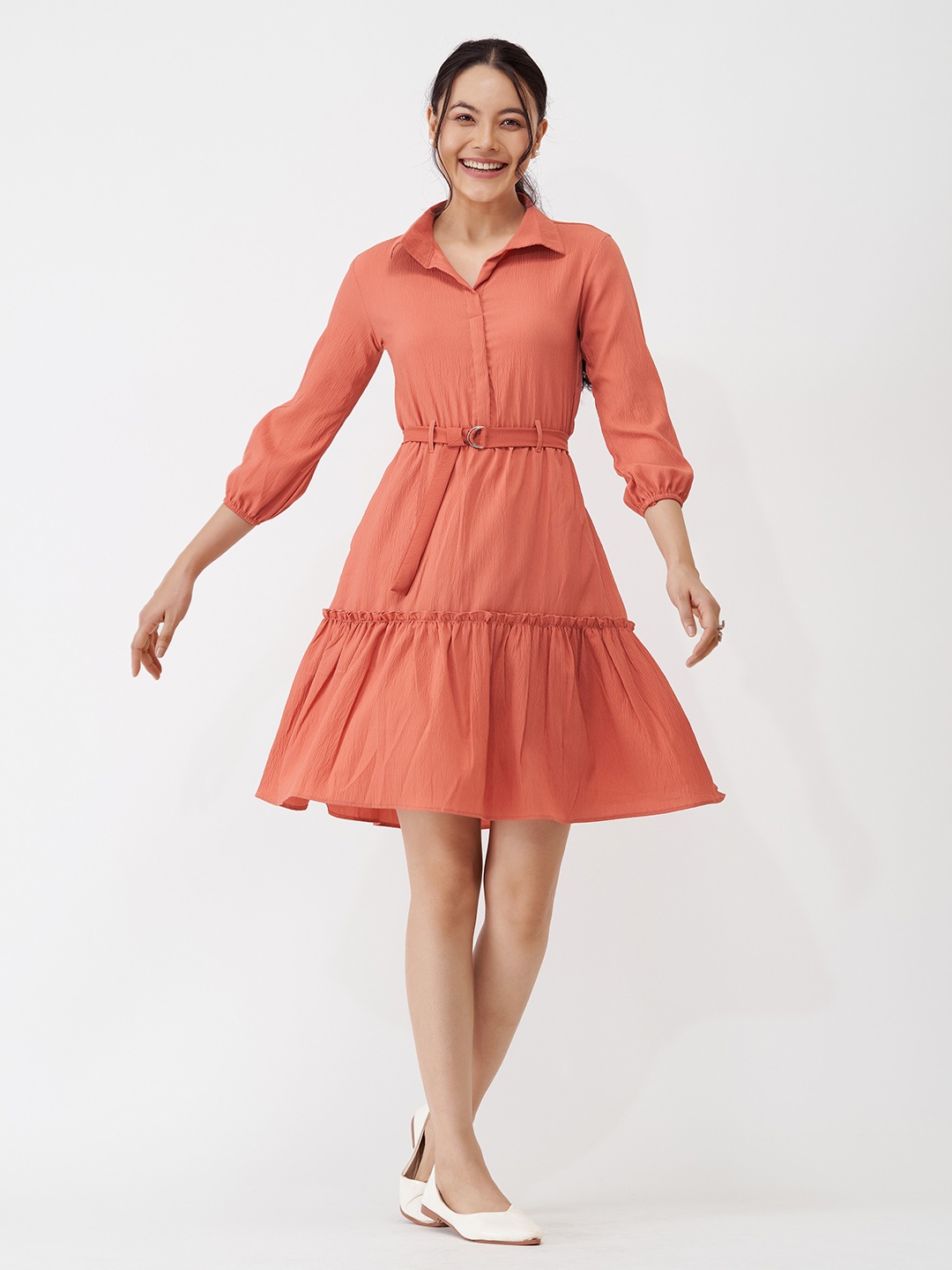 

AASK Shirt Collar Crepe Shirt Dress With Belt, Rust