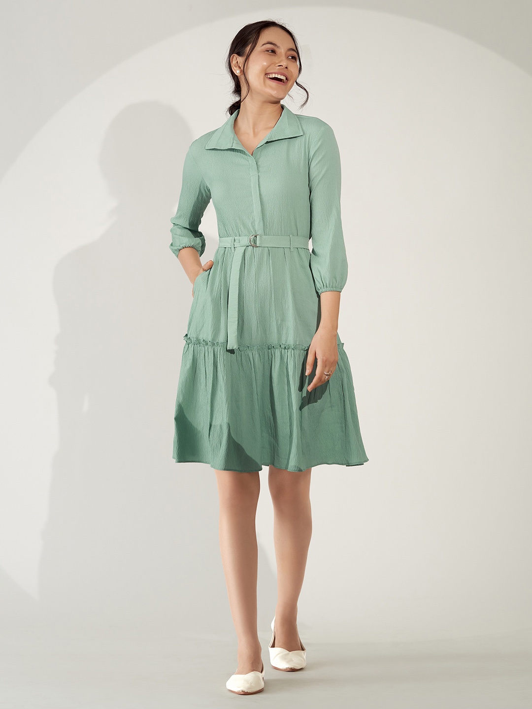 

AASK Sea Green Crepe Shirt Dress