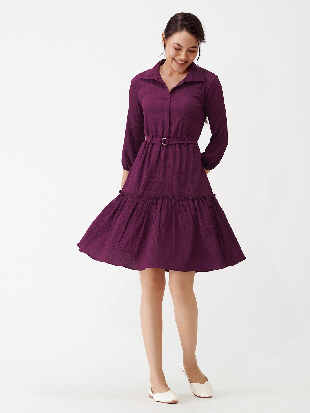 

AASK Shirt Collar Tiered Crepe Dress With Belt, Purple