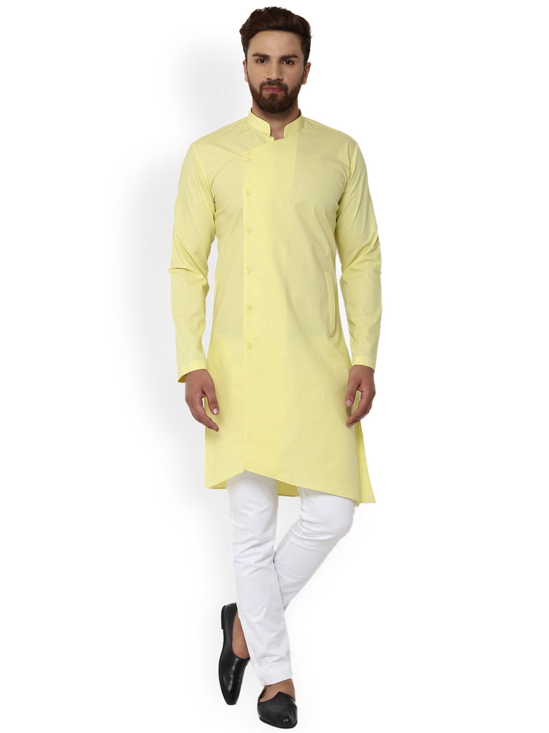 

See Designs Men Yellow Solid Asymmetric Hemline Straight Kurta