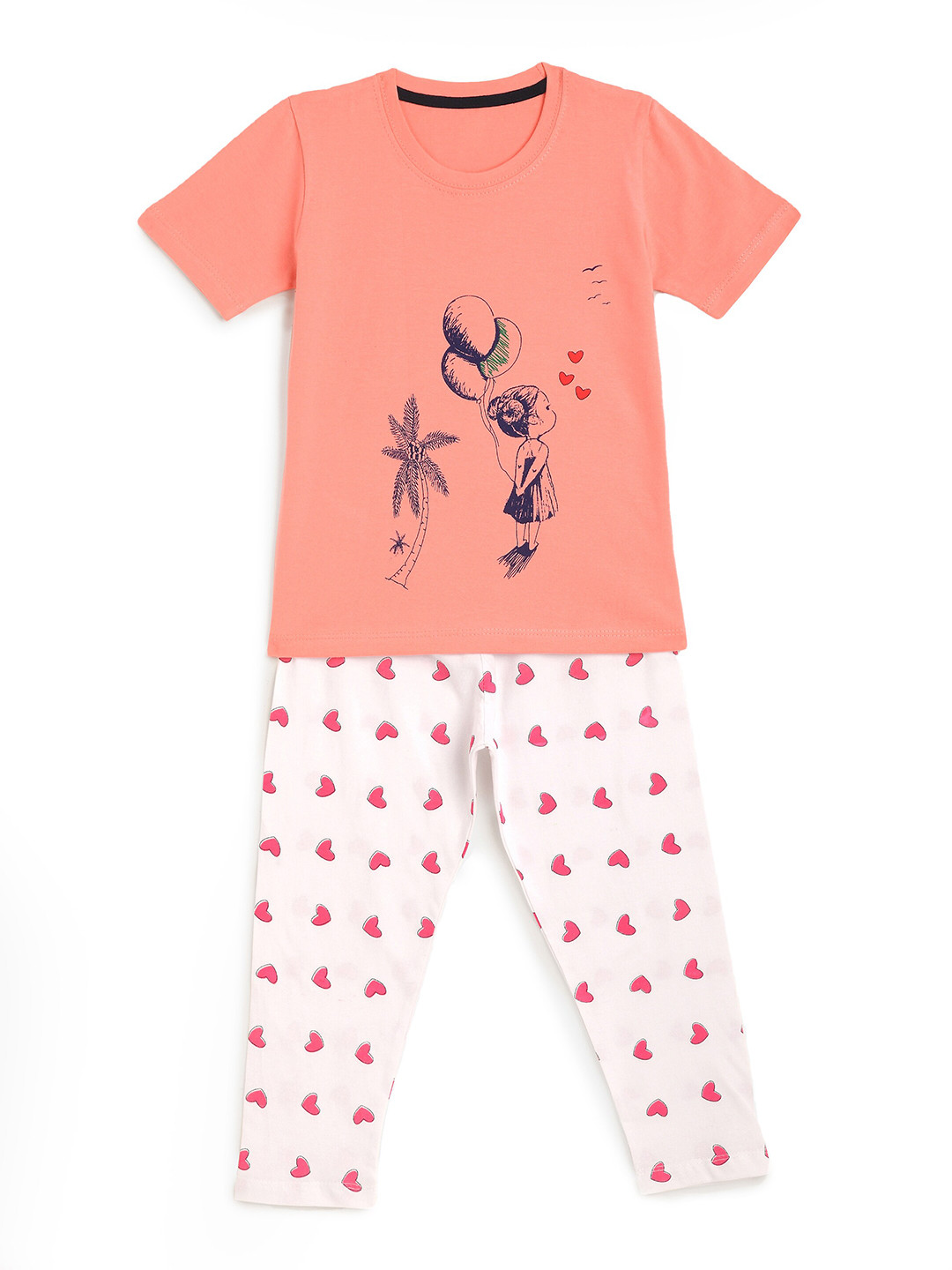 

HERE&NOW Girls Conversational Printed Night Suit, Peach