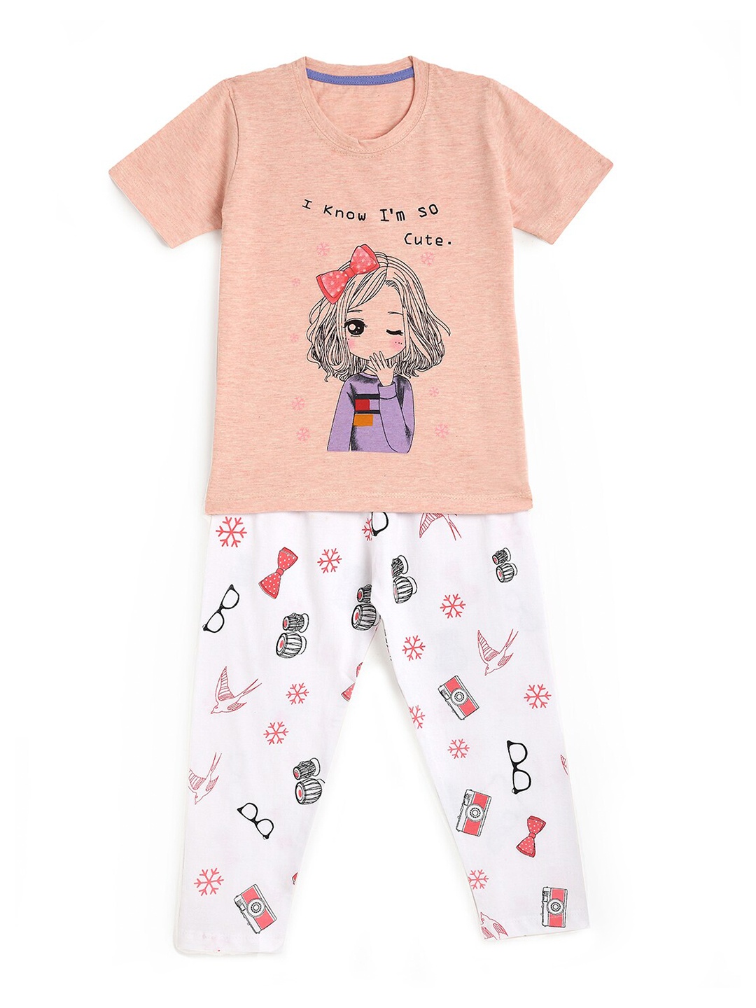 

HERE&NOW Girls Conversational Printed Night Suit, Peach