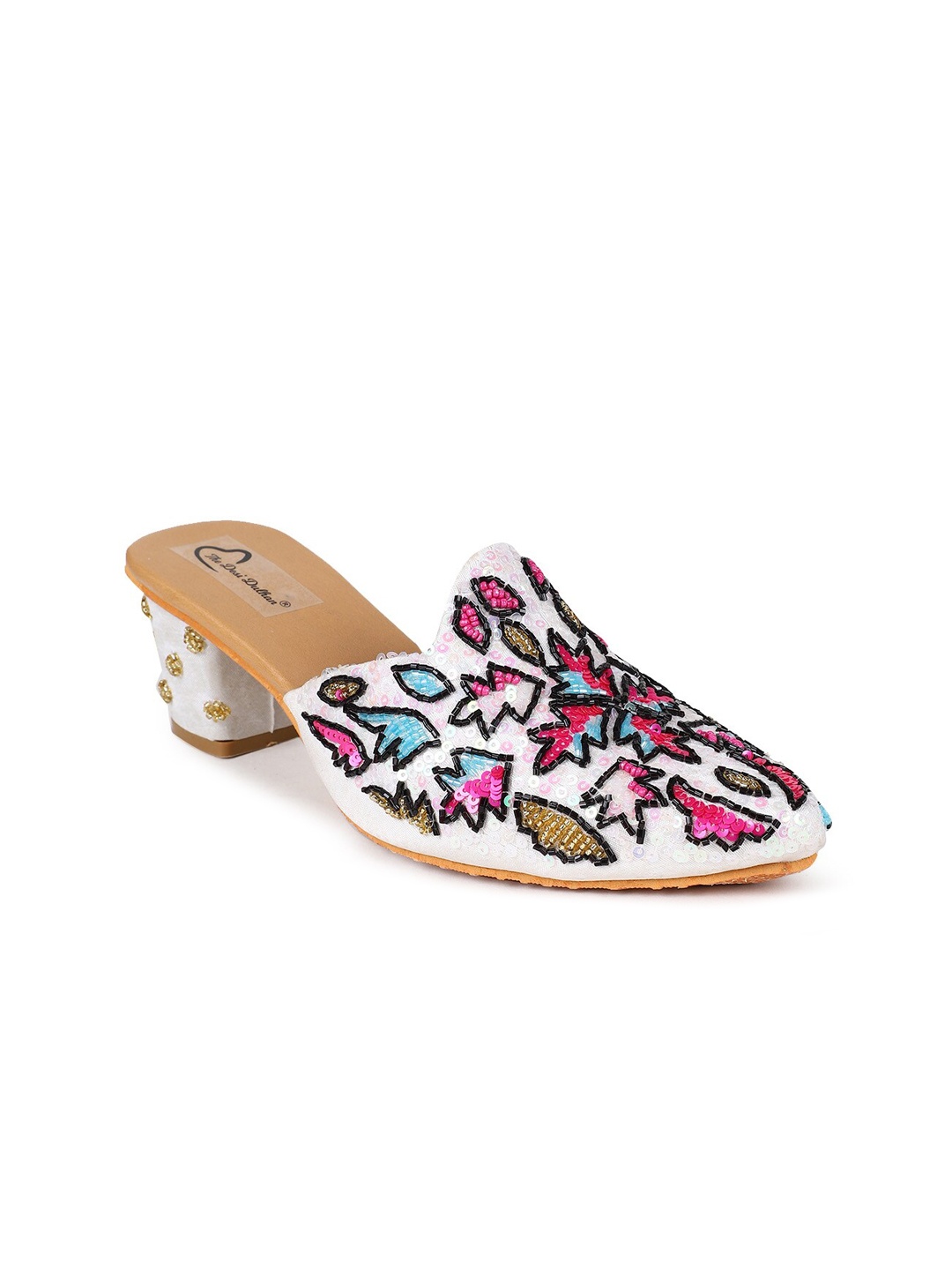 

The Desi Dulhan Embellished Stone And Beads Block Mules, White