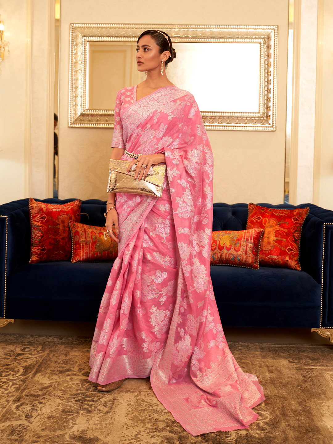 

Mitera Floral Woven Design Chikankari Linen Blend Saree, Pink