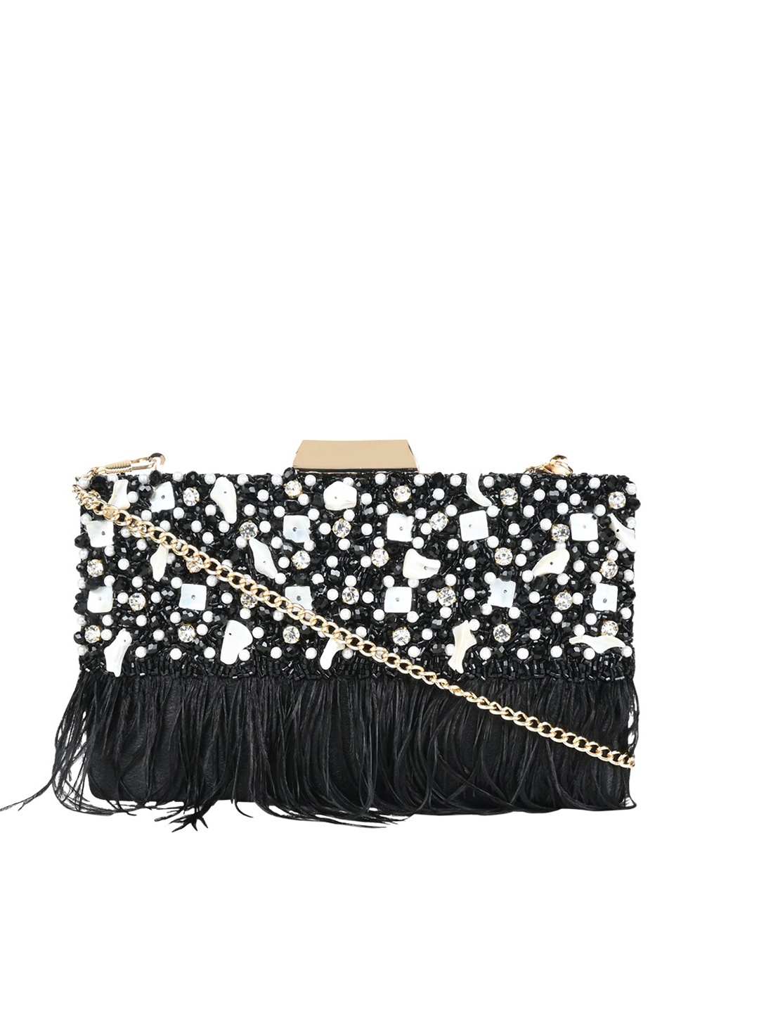 

Rocia Heavy Embellished Wrist Loop Feather Clutch, Black