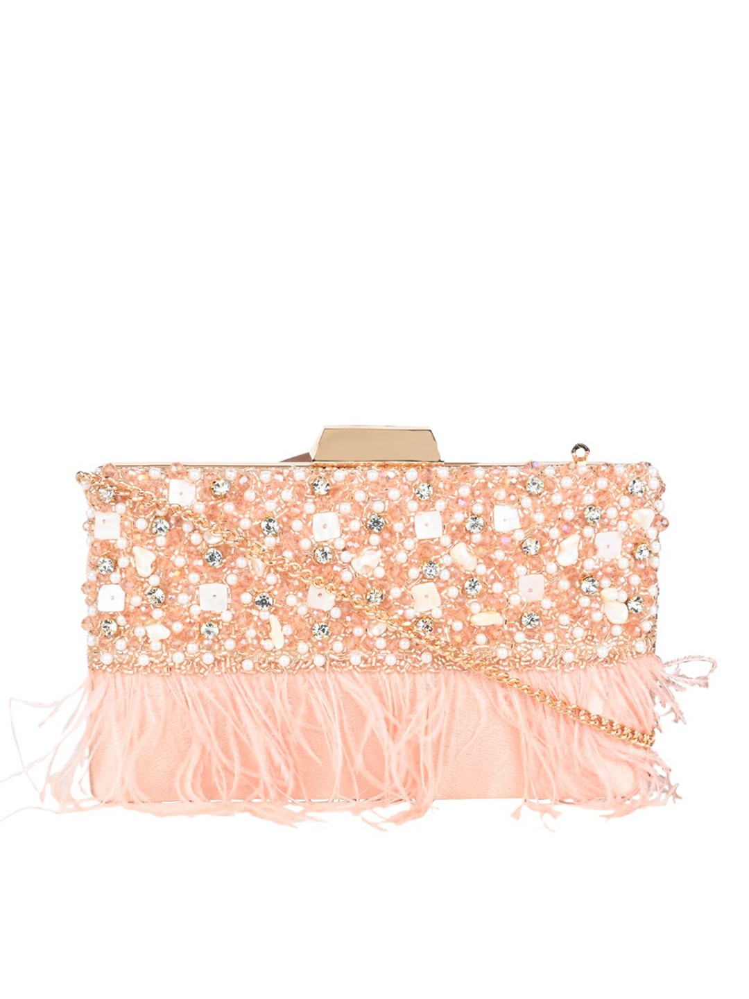 

Rocia Heavy Embellished Wrist Loop Feather Clutch, Peach