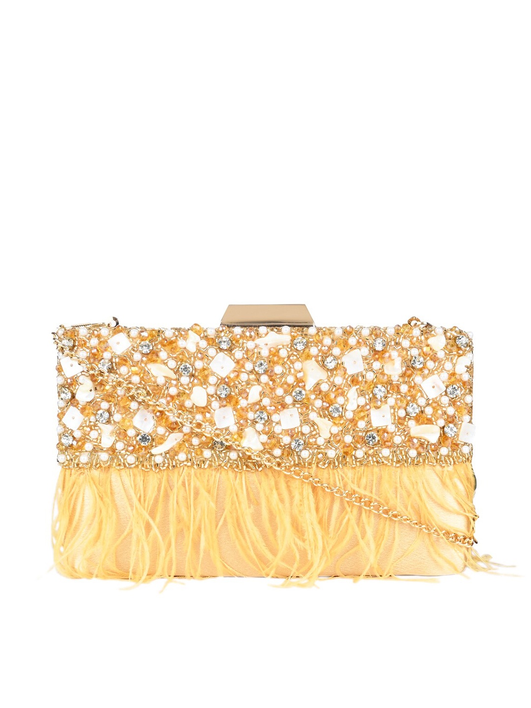 

Rocia Heavy Embellished Wrist Loop Feather Clutch, Yellow