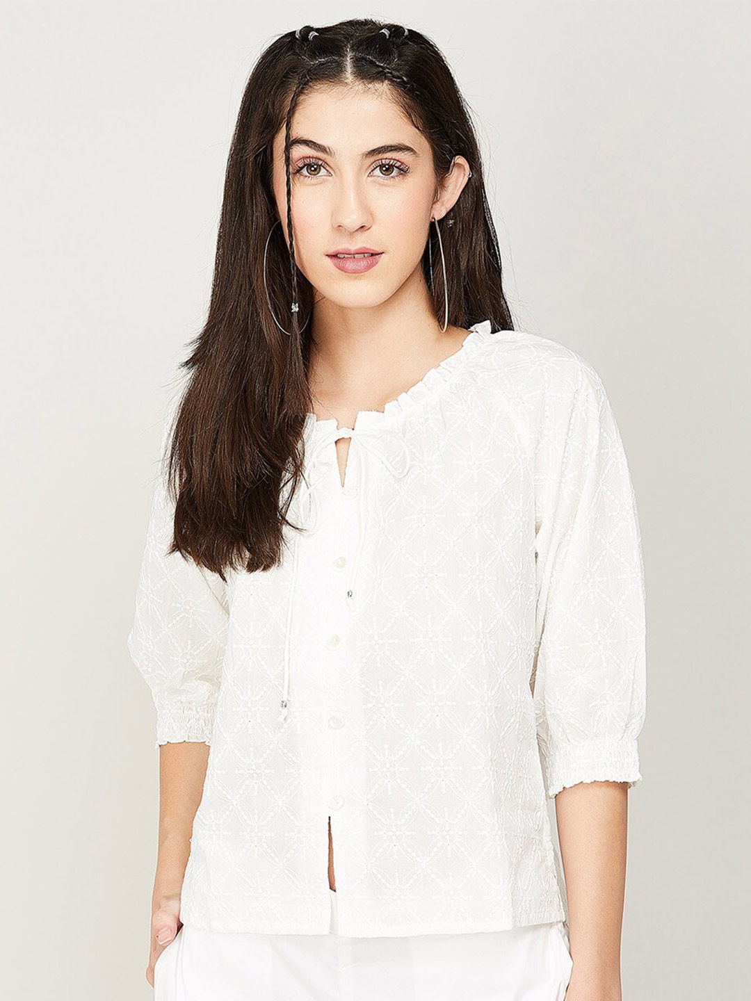 

Colour Me by Melange Tie-Up Neck Pure Cotton Top, White